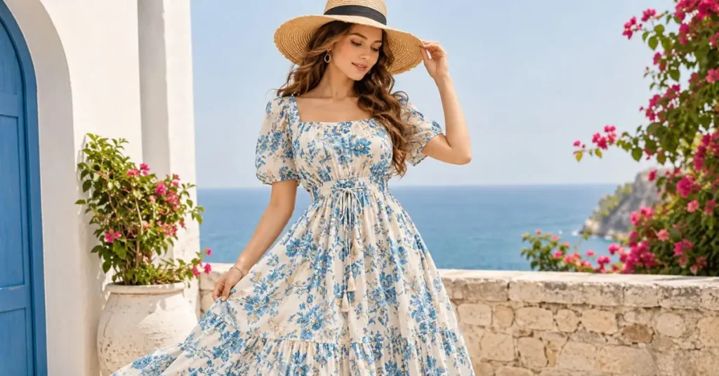 Best summer dresses for hot weather featuring a lightweight floral dress in a cool, breathable style by the sea.