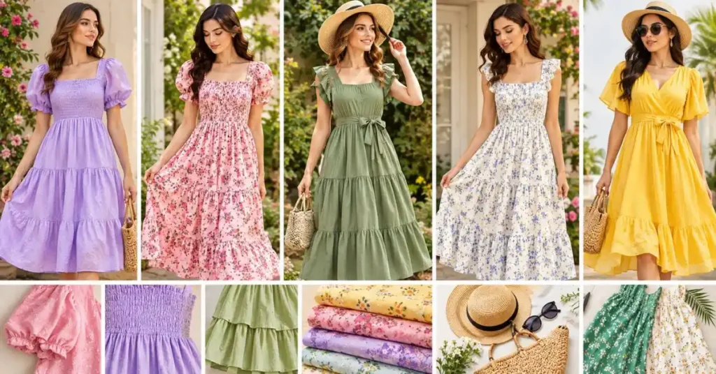 Latest trends in ladies' summer dresses featuring puff sleeves, smocked details, tiered skirts, floral prints, and eco-friendly fabrics.