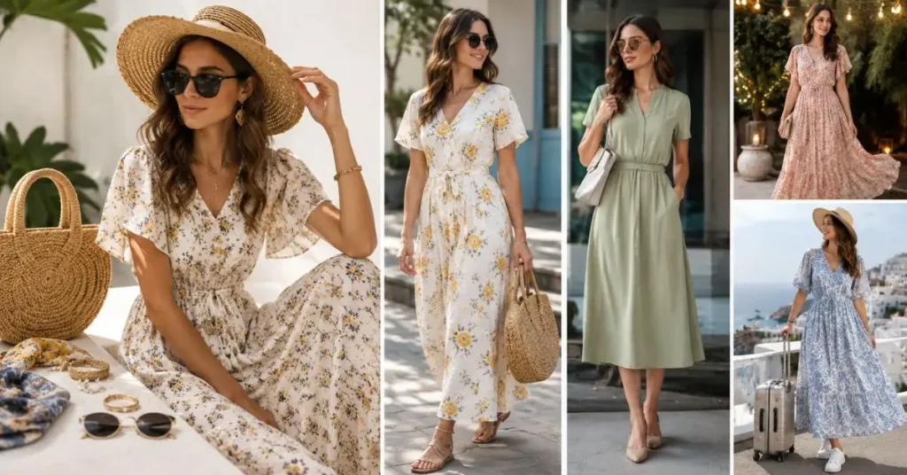 Woman wearing stylish summer dresses with sunglasses, straw hats, sandals, and accessories for casual, office, evening, and travel looks.