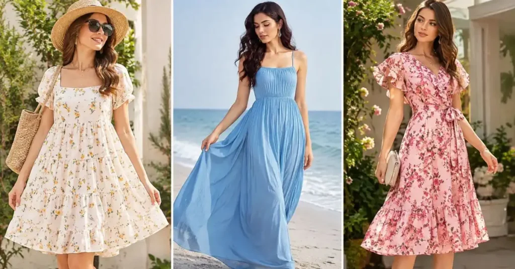 Types of summer dresses for women featuring casual, beach, and party wear styles in a stylish summer fashion collage.