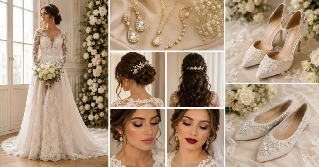 Styling tips for long sleeve wedding dresses featuring elegant bridal accessories, romantic hairstyles, glowing makeup, and comfortable wedding shoes.
