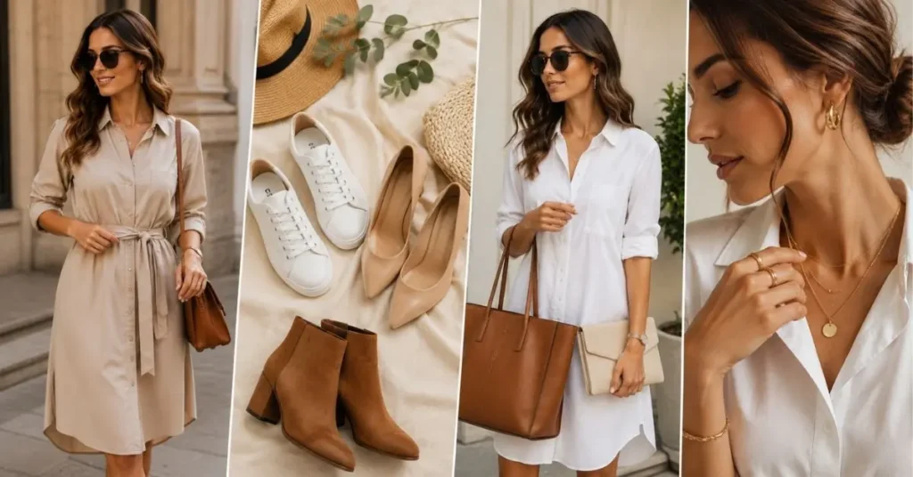 Accessories for shirt dresses including belts, sneakers, heels, boots, tote bags, clutches, and minimal jewelry for casual and elegant styling.