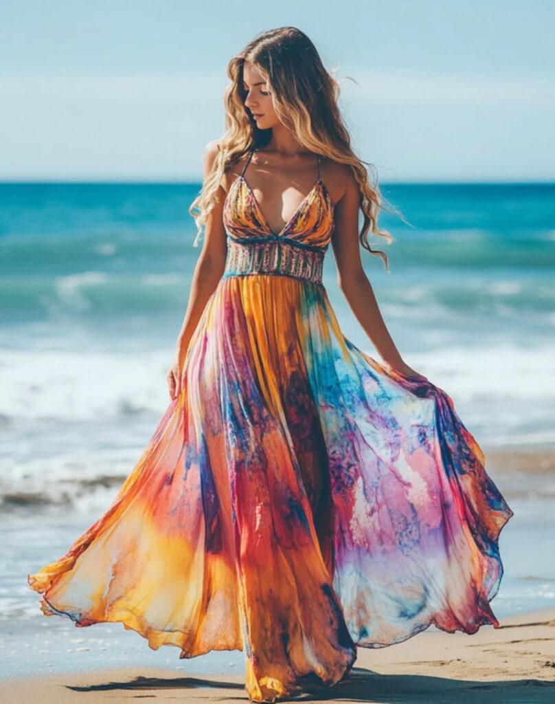 A stylish **beach maxi outfit** featuring a flowy, lightweight dress designed for comfort and elegance, perfect for seaside walks, vacations, and summer beachwear.
