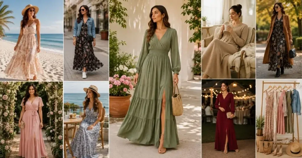 Maxi outfits showcased in multiple settings highlighting comfort, seasonal versatility, flattering fits for different body types, and easy styling for casual, travel, and formal occasions