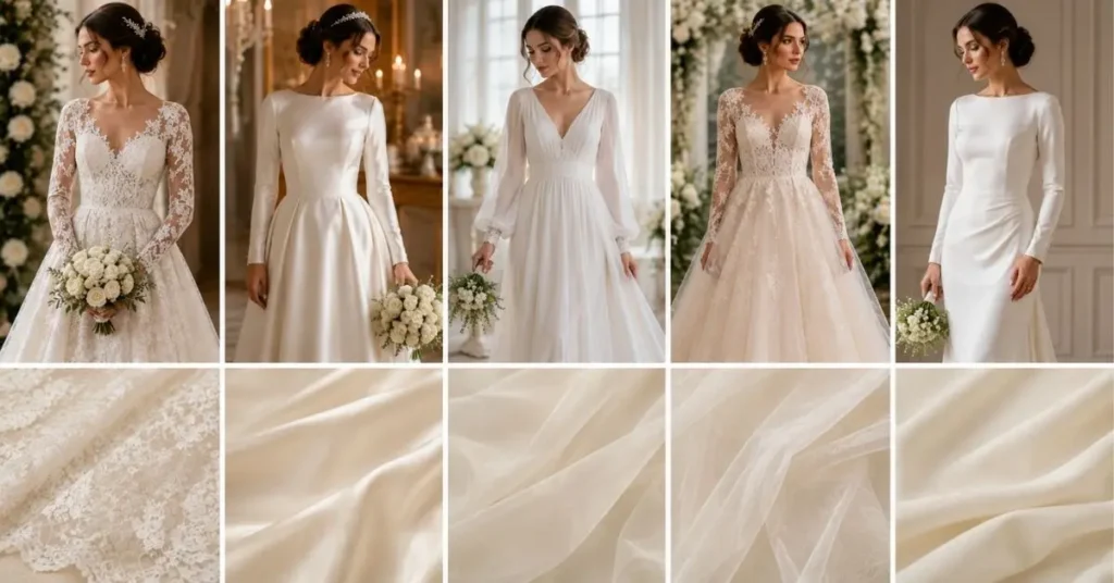 Best fabrics for long sleeve bridal gowns, featuring lace, satin, chiffon, tulle, and crepe wedding dress materials.