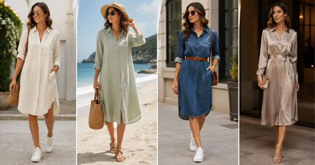 Shirt dress fabrics including cotton, linen, denim, and silk styled for casual, summer, everyday, and elegant looks.