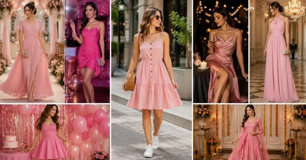 Pink dress outfit ideas for different occasions including weddings, parties, casual outings, date nights, and formal events in a stylish collage.