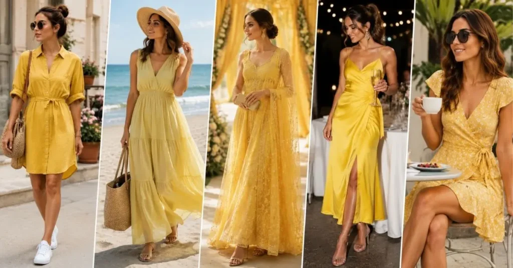 Yellow dresses styled for different occasions including casual outings, beach trips, weddings, parties, and brunch looks.