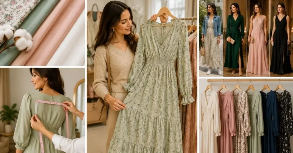 Maxi dress buying guide showing fabric textures, proper fit measurement, different occasion styles, and a range of colors and patterns in a boutique setting