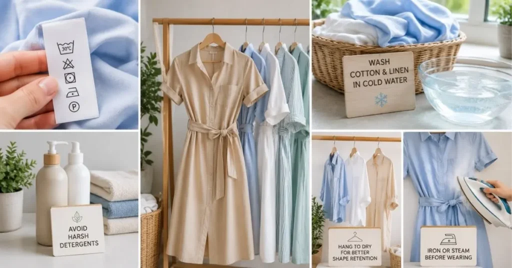 A clean collage showing shirt dress care steps, including checking fabric labels, washing in cold water, using mild detergent, air drying on hangers, and ironing or steaming before wearing.