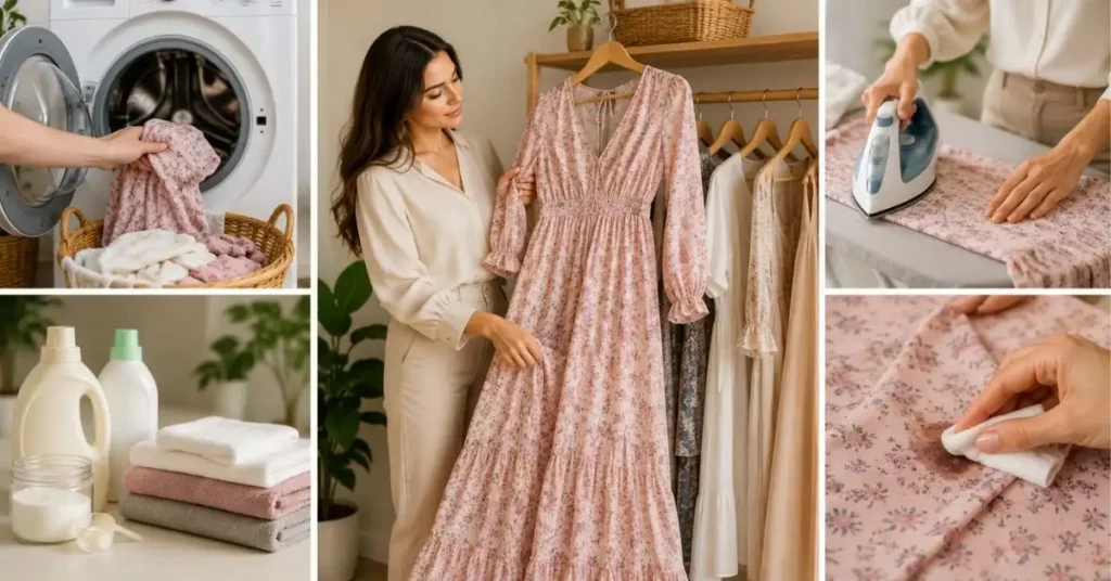 Maxi dress care routine showing gentle washing, mild detergents, proper hanging storage, low-heat ironing, and quick stain removal in a clean home setting
