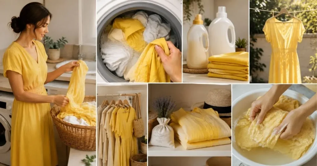 Care tips for yellow clothing showing washing, gentle detergent use, shade drying, proper storage, and handling delicate fabrics