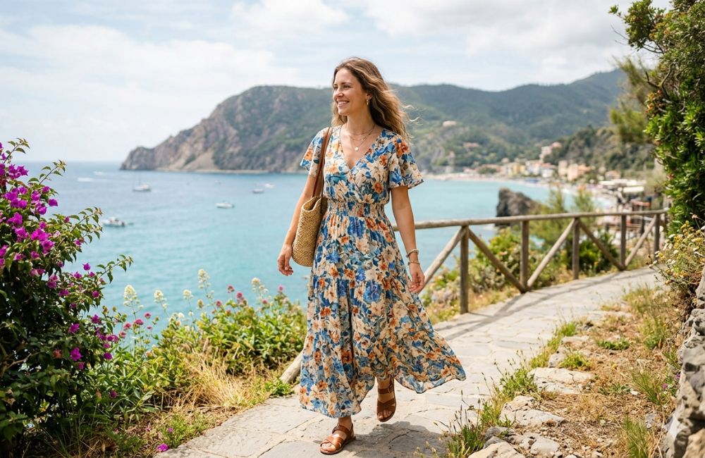 Casual floral maxi dress pehne aik khatoon ka floral view.