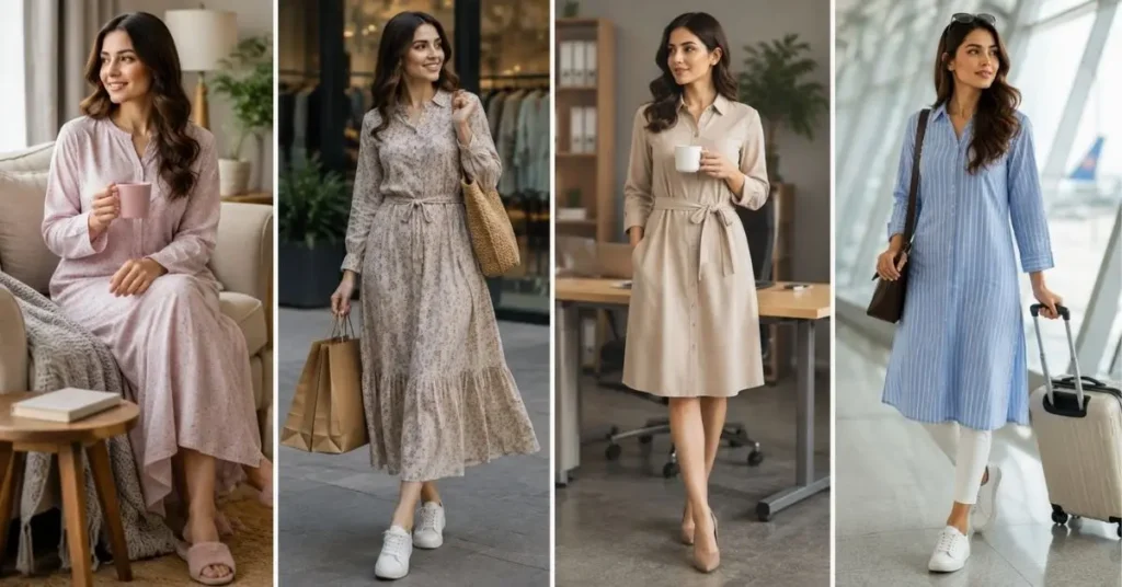 Casual outfits for different occasions, featuring comfortable home wear, stylish shopping dresses, casual office shirt dresses, and travel-friendly outfits for women.