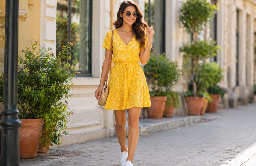 **Alt Text:**

Woman wearing a casual yellow dress walking on a sunny street, styled with sunglasses, a small handbag, and white sneakers for a relaxed and trendy everyday look.
