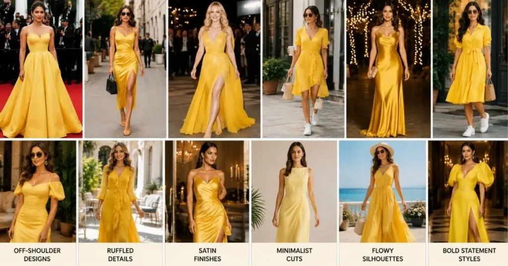 A vibrant collage showing yellow dresses inspired by celebrity and fashion trends, featuring styles like off-shoulder, ruffled, satin, minimalist, flowy, and bold statement designs in casual and formal settings.