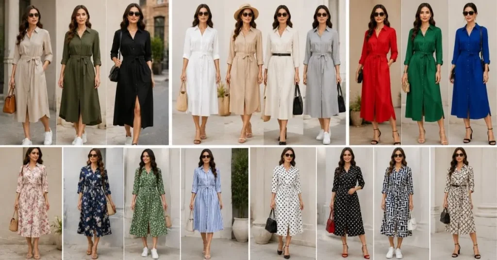A wide fashion collage displaying shirt dresses in minimalist solid styles, neutral shades, bold vibrant colors, and various prints such as floral, stripes, polka dots, and geometric patterns.