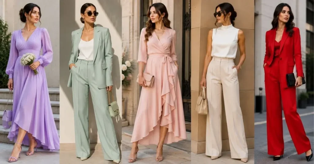 Modern fashion color trends featuring pastel lavender, mint suit, blush dress, neutral beige outfit, and bold red tailored look in a stylish outdoor setting