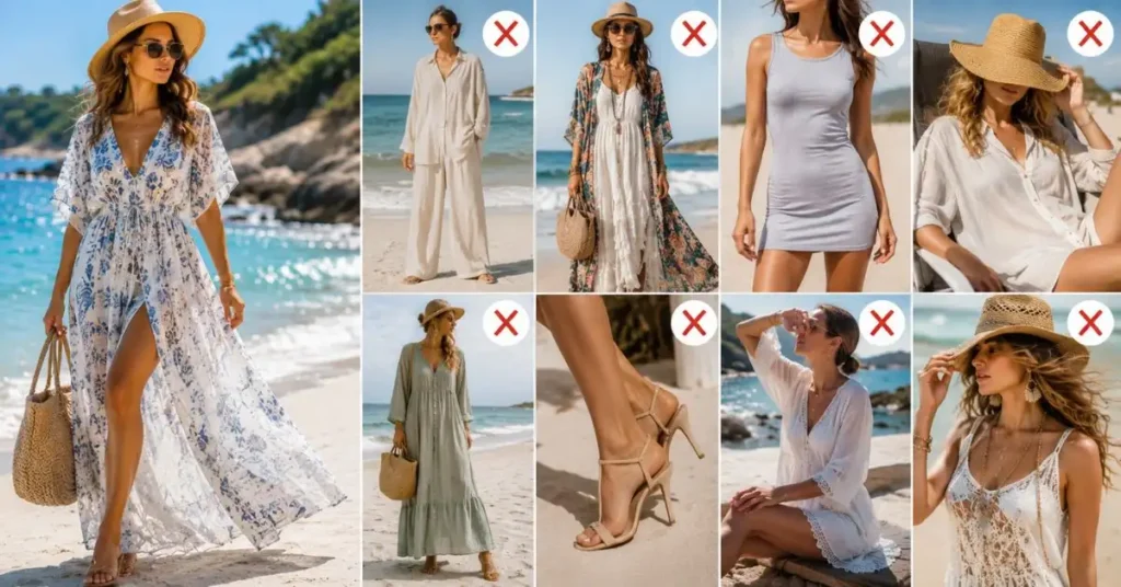 Woman in a stylish beach dress with a collage of seaside outfit examples highlighting common beachwear styling mistakes, including heavy clothing, uncomfortable footwear, poor fit, and excessive accessories.