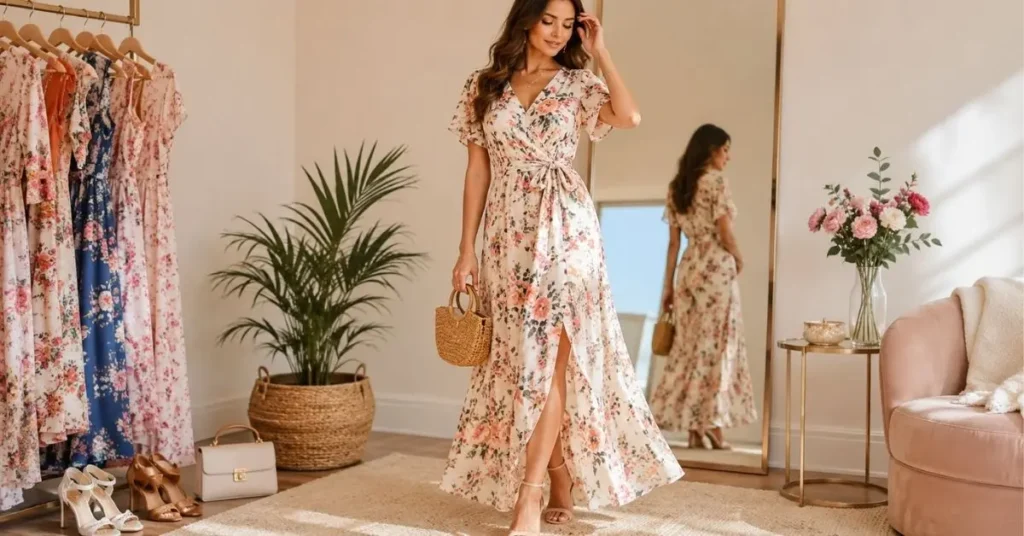 Common mistakes to avoid when styling a floral maxi dress, featuring a woman in an elegant floral maxi dress with simple accessories.
