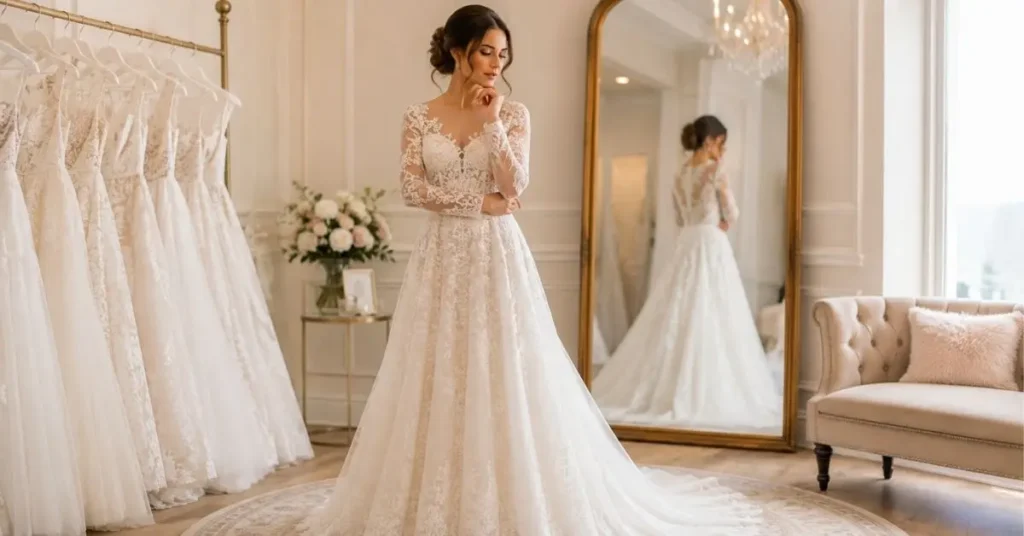 Bride wearing an elegant long sleeve wedding dress in a bridal boutique, highlighting common mistakes to avoid when choosing a wedding gown.