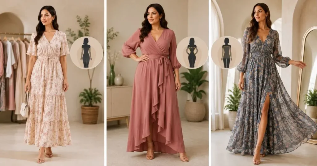Maxi dress styles for different body types featuring petite high-waist design, curvy wrap dress with defined waist, and tall figure in bold printed layered maxi dress