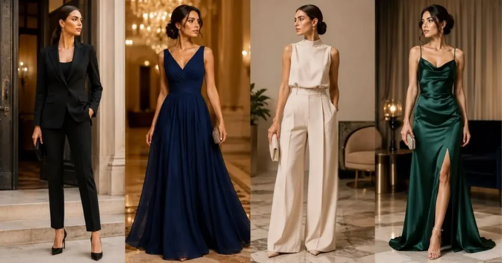 Elegant formal outfits including tailored suit, flowing gown, monochrome set, and satin evening dress in a luxury setting