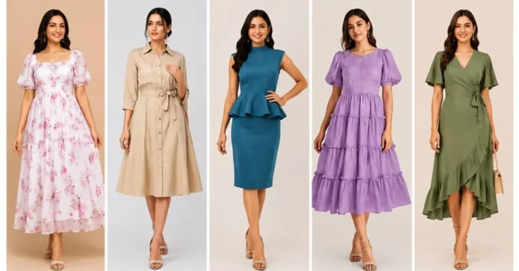 Close-up view of premium fabric choices used in dress designs, including silk, chiffon, cotton, and organza, highlighting texture, elegance, and material quality in modern fashion outfits for 2026 trends.