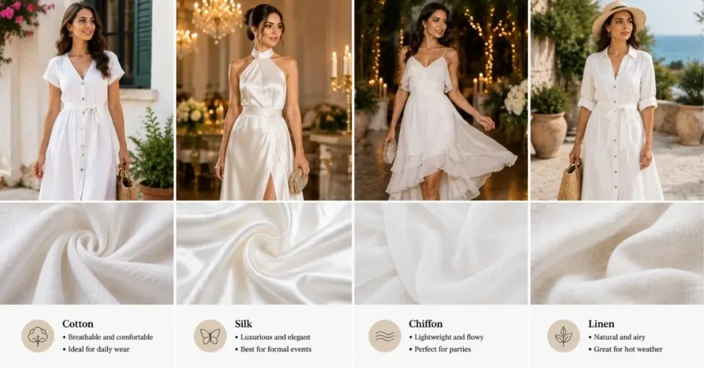 A clean fashion collage showcasing white dresses in different fabrics, including cotton, silk, chiffon, and linen, with each style highlighting texture, flow, and occasion suitability.