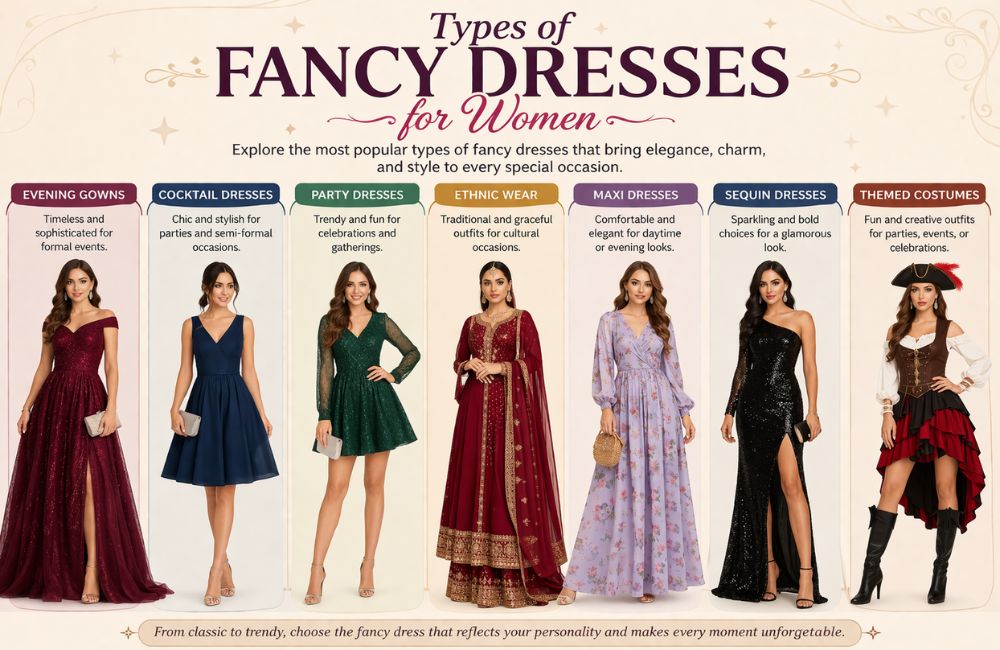 "Collection of different fancy dresses for women, perfect for parties and special occasions."
