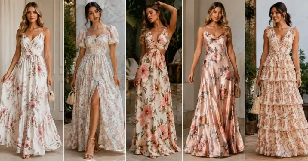Floral maxi dress trends in 2026 featuring minimal floral prints, puff sleeves, modern cut-out designs, satin finishes, and flowing tiered layers for women.