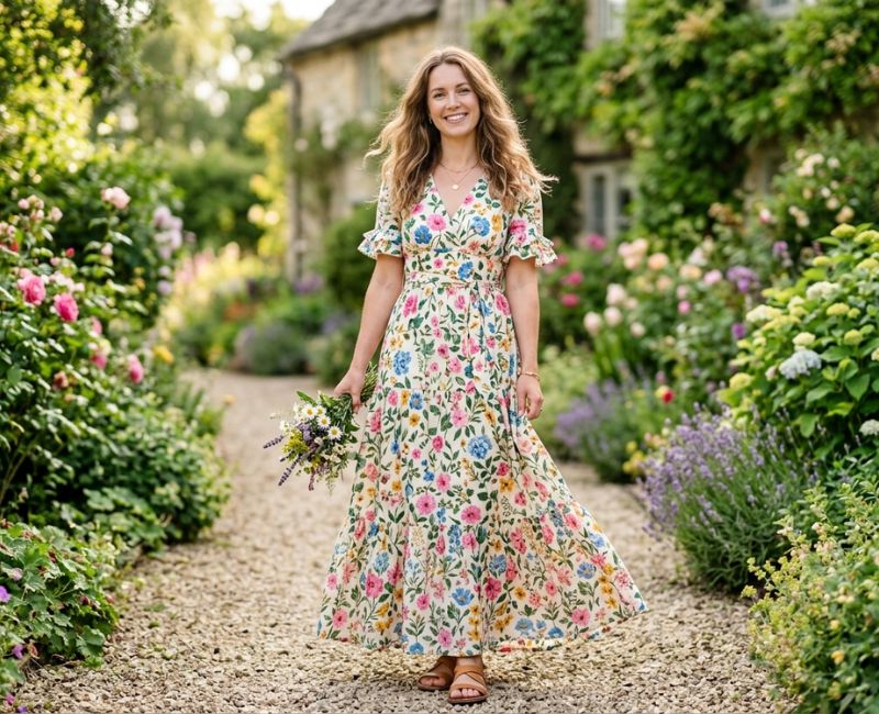 A flowing **floral maxi dress** featuring a vibrant floral print, elegant long silhouette, and lightweight fabric, perfect for summer outings and casual or semi-formal wear.
