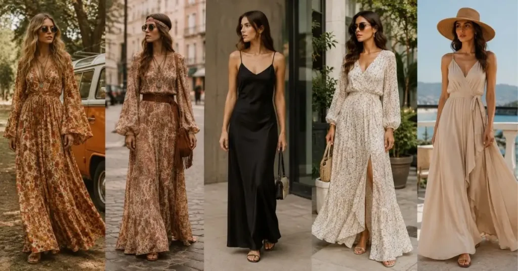 Timeline of maxi dress evolution featuring 1970s bohemian prints, 1990s minimalist black slip, and modern elegant flowing maxi styles in different settings
