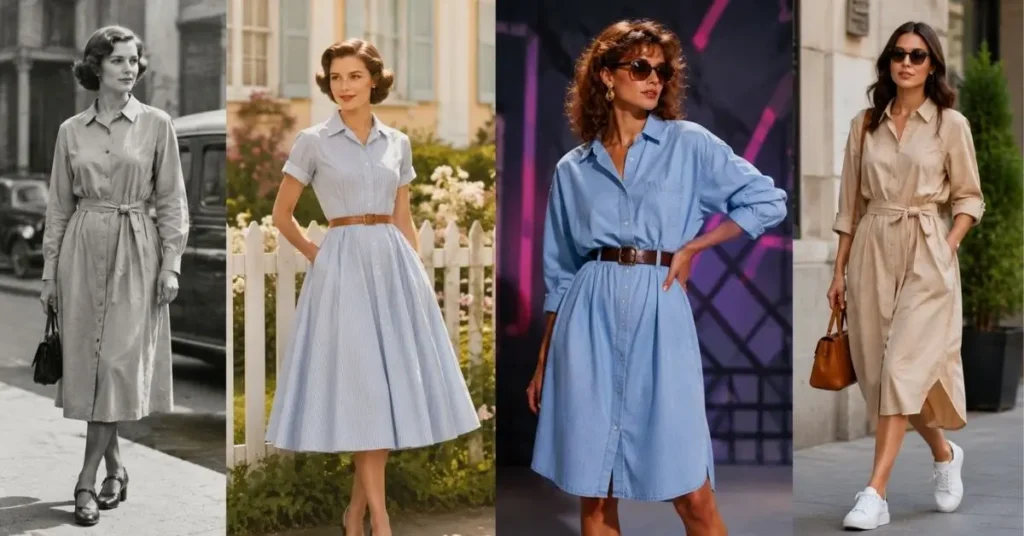A timeline-style collage showing the evolution of shirt dresses from a simple vintage 1940s design to a fitted 1950s silhouette, an oversized 1980s style, and a modern casual belted shirt dress.