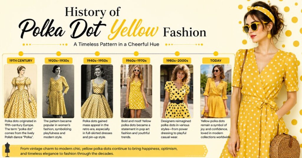 History of Polka Dot Yellow Fashion timeline featuring elegant yellow polka dot dresses from the 19th century to modern fashion, showcasing the evolution of this timeless and cheerful style trend.