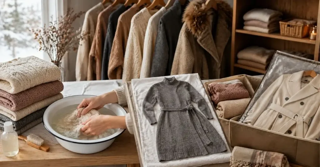 How to care for winter outfits with gentle washing, proper drying, folding, and storage of wool, knitwear, coats, and cold-weather clothing.