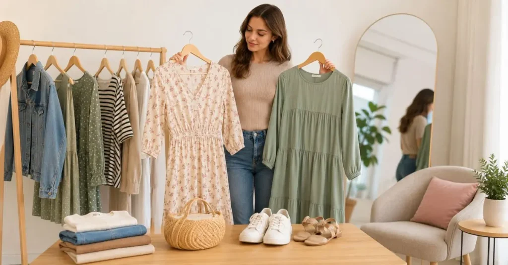 Woman choosing the right casual dress by comparing comfortable everyday dress styles in a modern wardrobe.
