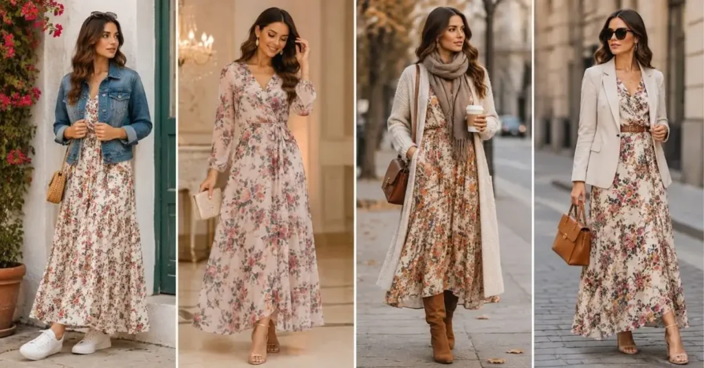 Woman wearing a floral maxi dress styled with casual, formal, winter, and trendy accessories.