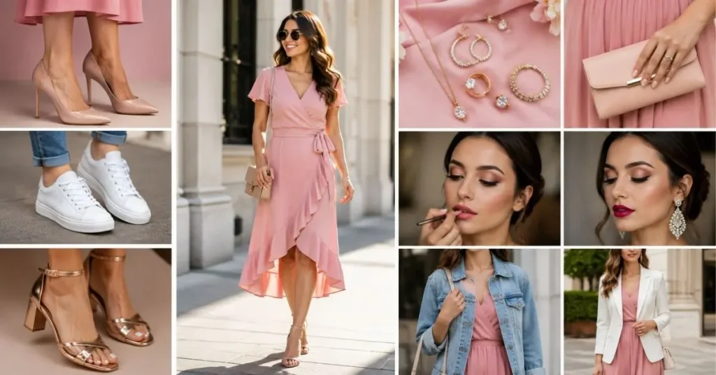 Pink dress styling guide featuring outfit ideas with heels, sneakers, accessories, makeup, and layering options in a clean collage layout.