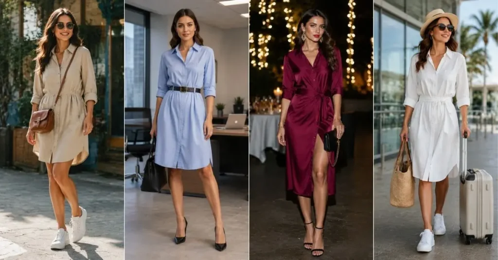 A four-panel fashion collage showing shirt dress styling ideas, including a casual look with sneakers, an office outfit with a belt and heels, a party look with bold color and statement jewelry, and a travel outfit with sunglasses and a tote bag.