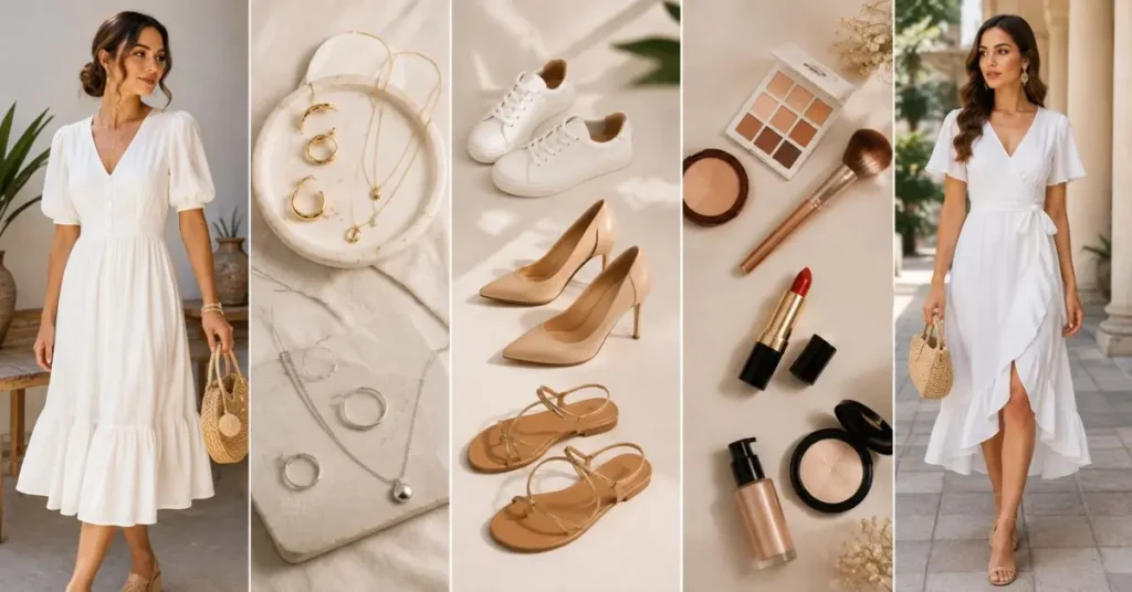 Woman wearing a white dress styled with elegant jewelry, sneakers, heels, sandals, and natural makeup accessories.