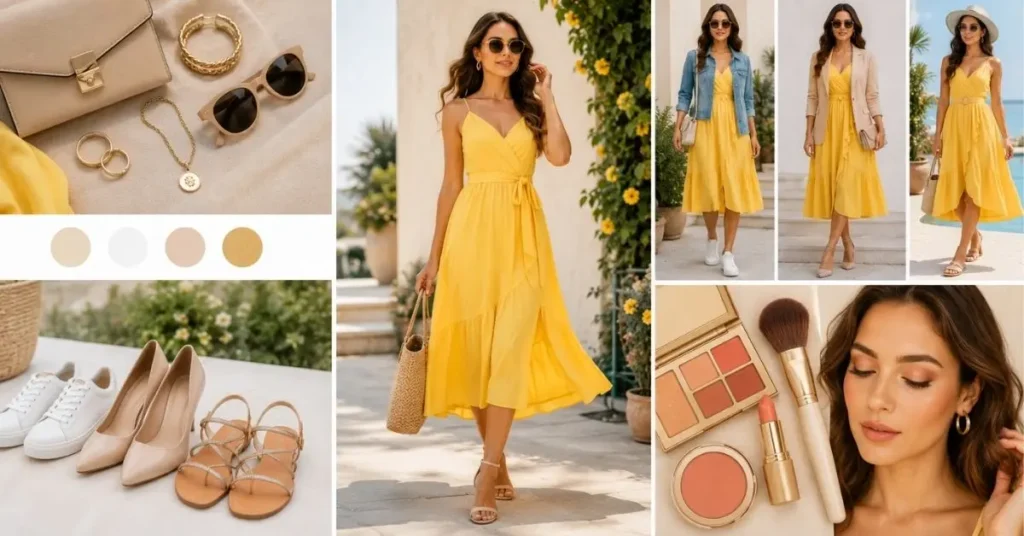 A stylish collage showing a yellow dress paired with neutral accessories, different footwear options like sneakers and heels, and soft warm-toned makeup for a balanced look.