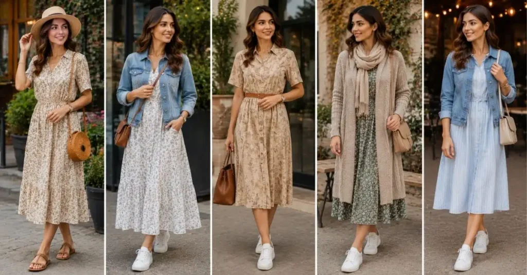 How to style casual outfits for women with sneakers, sandals, denim jackets, cardigans, scarves, belts, handbags, and simple accessories.