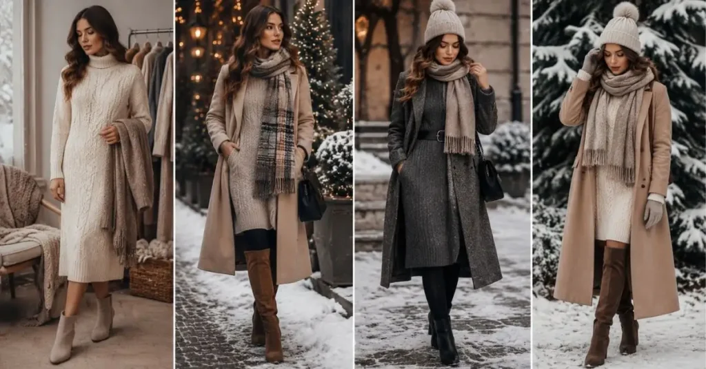 How to style winter outfits for women with warm layers, scarves, beanies, coats, thermal leggings, and ankle or knee-high boots.