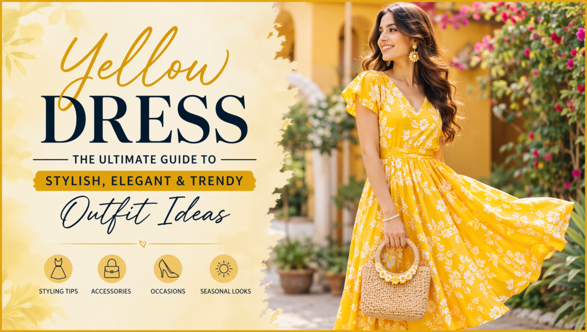 Stylish woman wearing a bright yellow dress in a floral outdoor setting, representing trendy, elegant, and fashionable outfit ideas for different occasions and seasons.