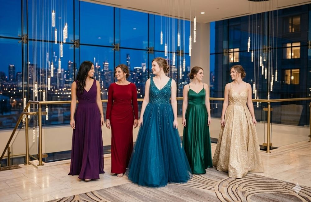 "Collection of ladies’ dresses designed for elegant and memorable event appearances.