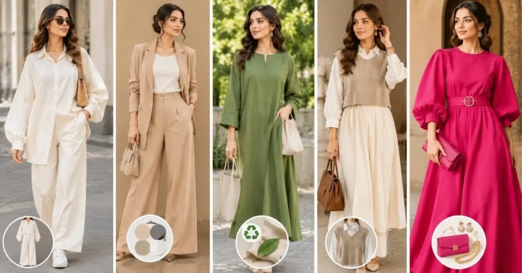 Latest modern fashion trends in 2026 featuring oversized silhouettes, neutral colors, sustainable fabrics, layered looks, and statement pieces.