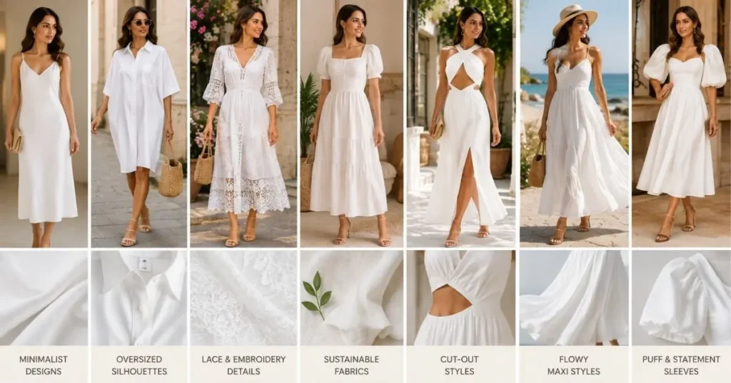A modern fashion collage showcasing white dress trends, including minimalist designs, oversized silhouettes, lace and embroidery details, sustainable fabrics, cut-out styles, flowy maxi dresses, and statement sleeves.