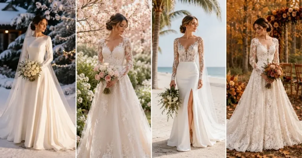 Long sleeve wedding dresses for different seasons, featuring elegant bridal styles for winter, spring, summer, and fall weddings.
