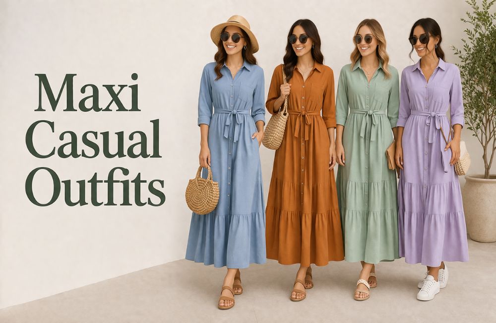 Trendy maxi casual dresses showing relaxed, elegant, and comfortable fashion for daily styling